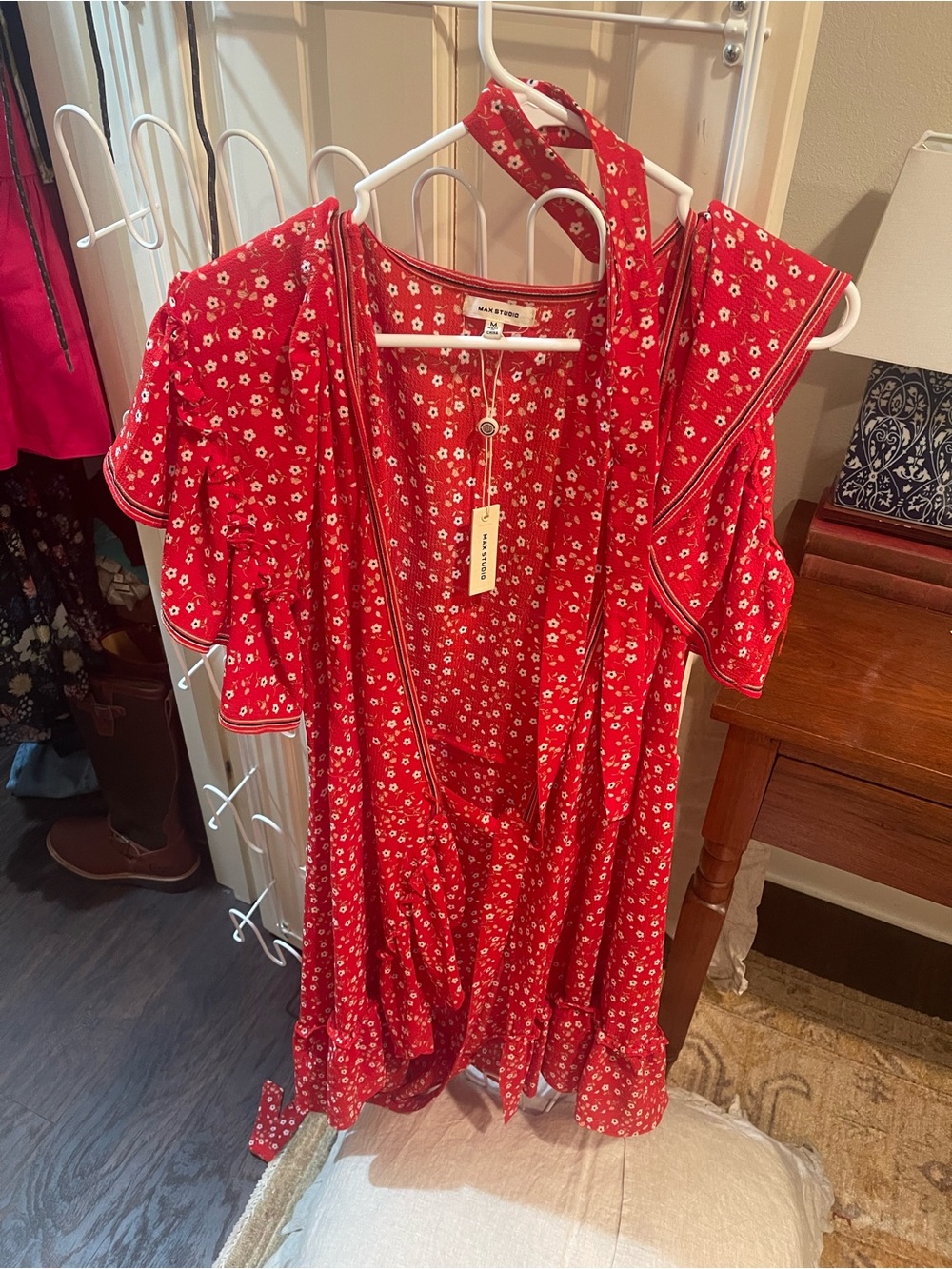 Max Studio Red Floral Tie-Front Tunic Dress